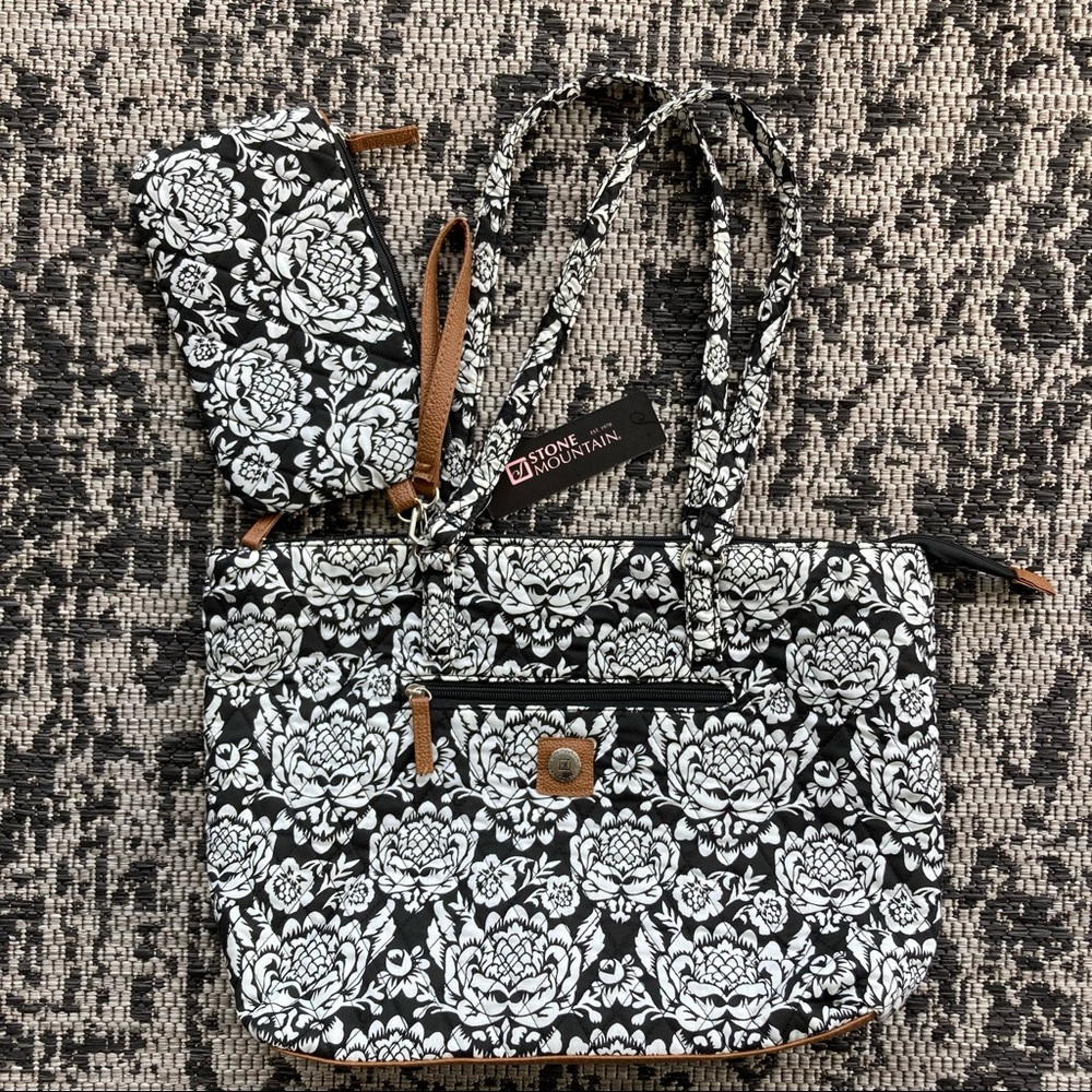 Stone Mountain Purse and Wristlet in Black/White Batik Print